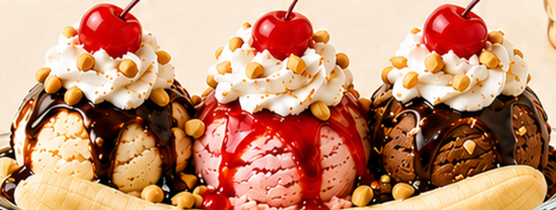 A classic banana split with vanilla, strawberry and chocolate scoops, fudge, strawberry sauce, peanut butter chips and three cherries